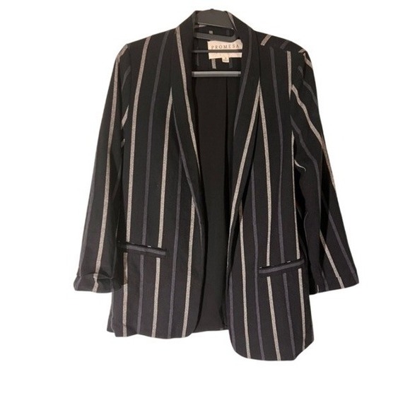 Promesa Blazer Open Front Black Stripped Vintage 100% Cotton Women's Small - Picture 1 of 5